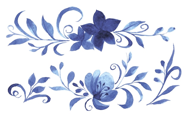 Watercolor drawing blue ornament of flowers and leaves gzhel abstract flowers