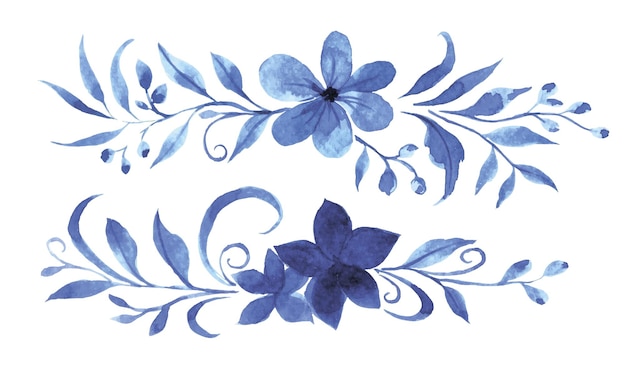 Watercolor drawing blue ornament of flowers and leaves gzhel abstract flowers