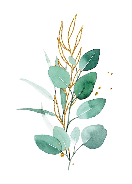 watercolor drawing bouquet composition of eucalyptus branches gold and green eucalyptus leaves