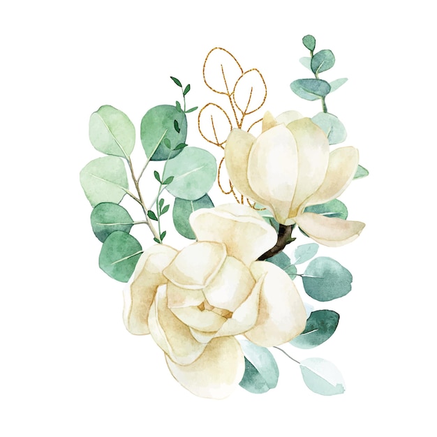 Bouquet di disegno ad acquerello con magnolie bianche e foglie di eucalipto illustrazione delicata