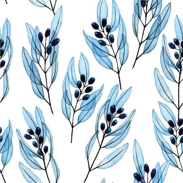 Vector watercolor drawing by hands seamless pattern with eucalyptus leaves and branches transparent