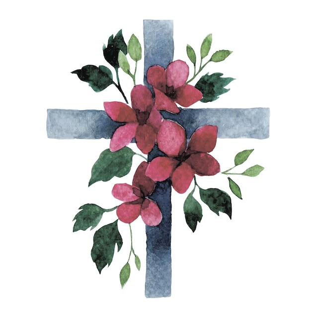 Vector watercolor drawing christian cross with flowers religious symbol easter holiday