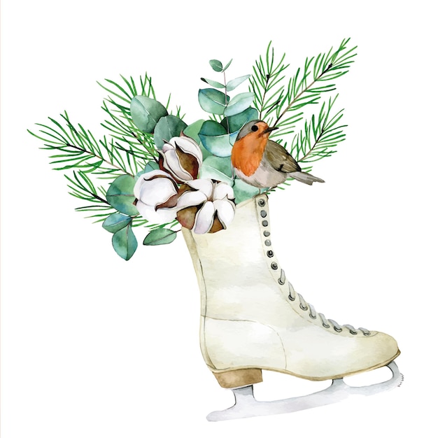 watercolor drawing christmas composition with winter bird vintage skates cotton eucalyptus