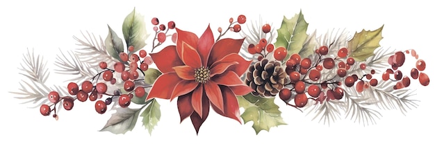 watercolor drawing christmas garland from plants red poinsettia flower berries cones and fir