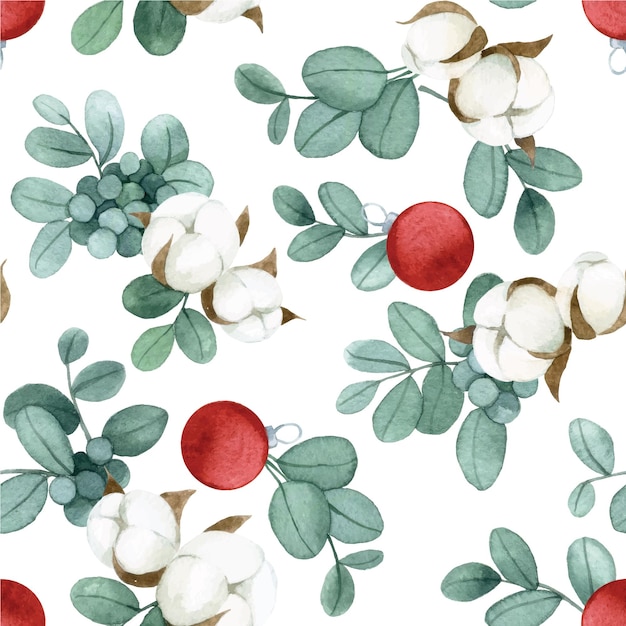 watercolor drawing. christmas seamless pattern with eucalyptus leaves and cotton flowers