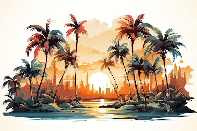 Watercolor drawing of coconut trees on a white background For your design