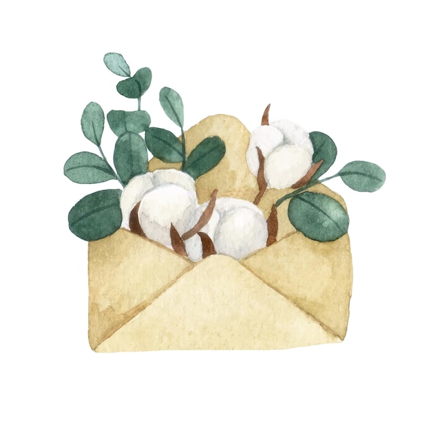 watercolor drawing. composition envelope with a letter, eucalyptus leaves and cotton flowers vintage