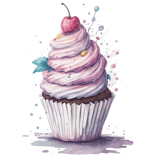 A watercolor drawing of a cupcake with a strawberry on top.