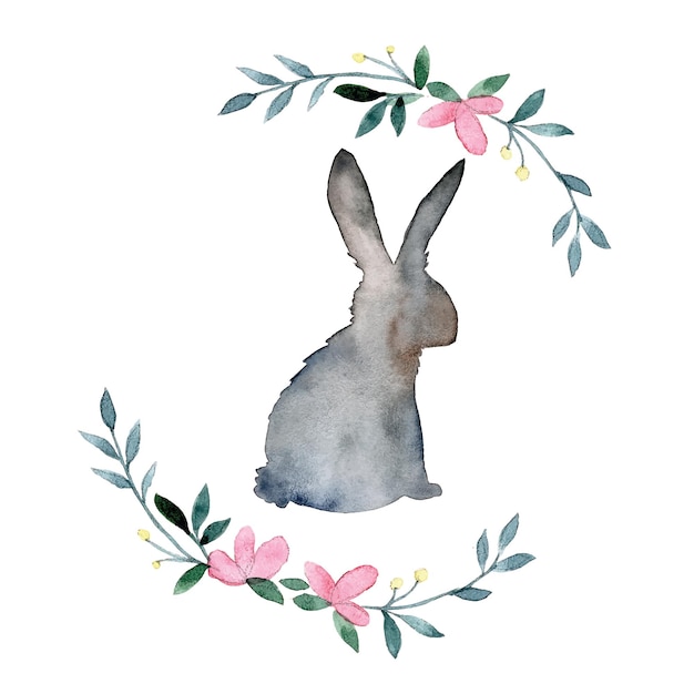 watercolor drawing cute easter bunny and flower wreath boho style vintage decoration