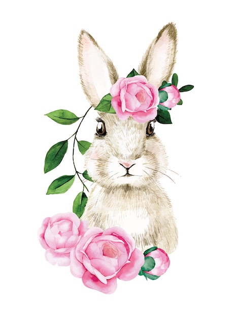 Vector watercolor drawing easter bunny cute portrait of a hare rabbit with pink rose flowers peony