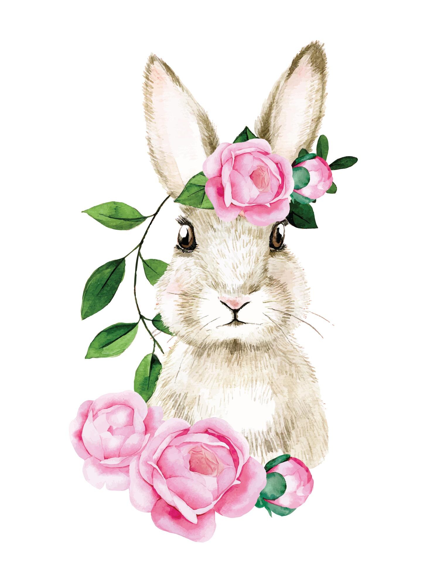 Premium Vector | Watercolor drawing easter bunny cute portrait of a hare  rabbit with pink rose flowers peony