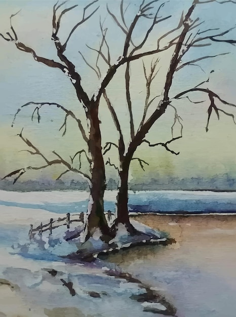 Vettore illustrazione di un lago e di un albero in acquerello