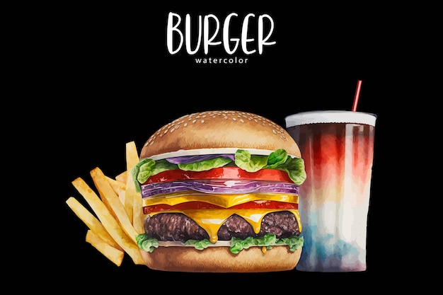 Watercolor drawing of a hamburger and a cup with cola