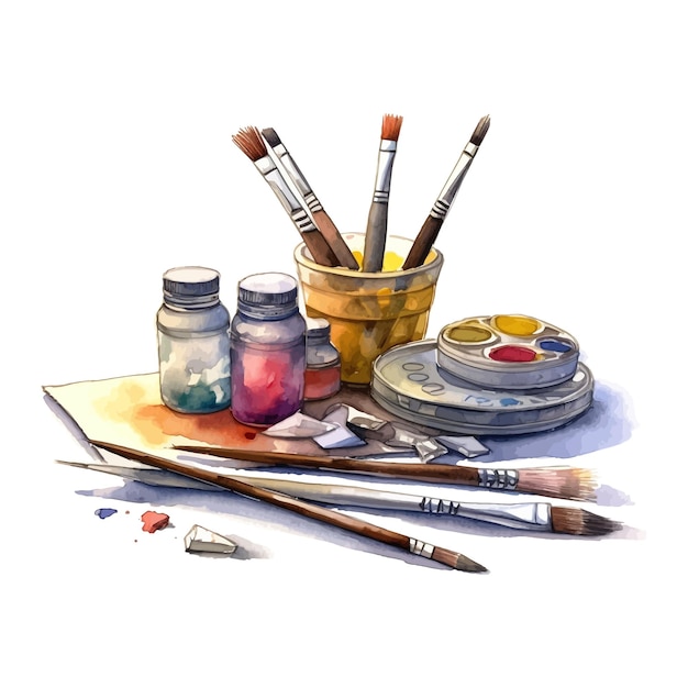 Vettore strumenti per artisti con materiali per il disegno ad acquerello