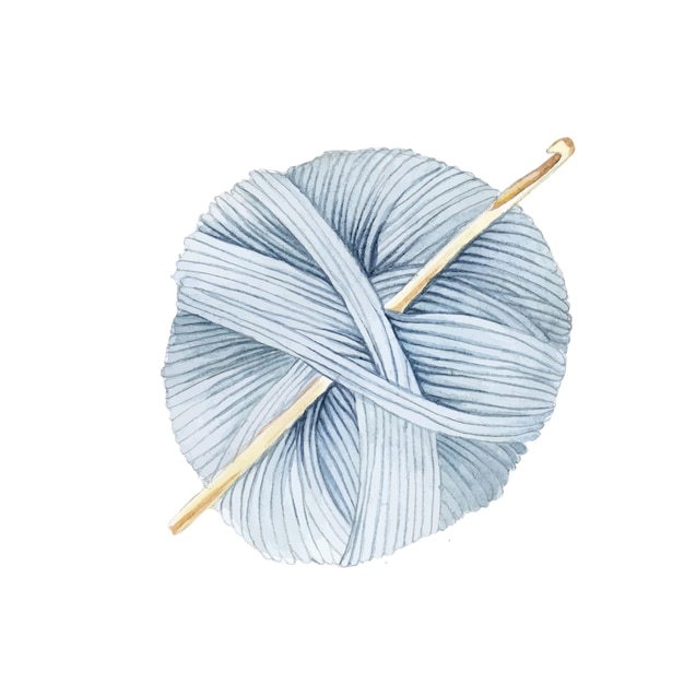 羊毛糸のかせと木製のかぎ針編みのフックのかわいいパターンのシンボルの水彩画の描画