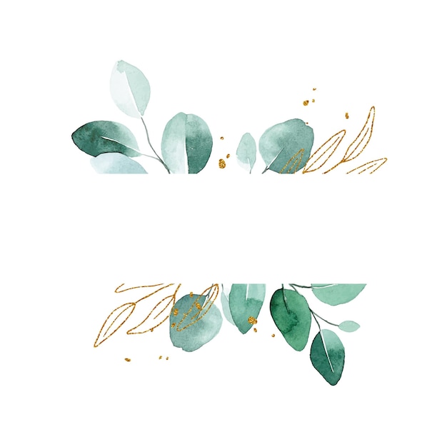 watercolor drawing rectangular frame border with eucalyptus leaves and golden leaves and splashes