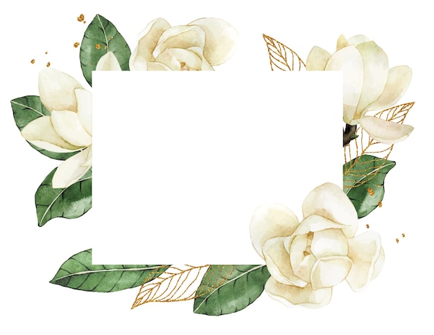 Vettore disegno ad acquerello. cornice rettangolare con fiori bianchi e foglie di magnolia ed elementi dorati.