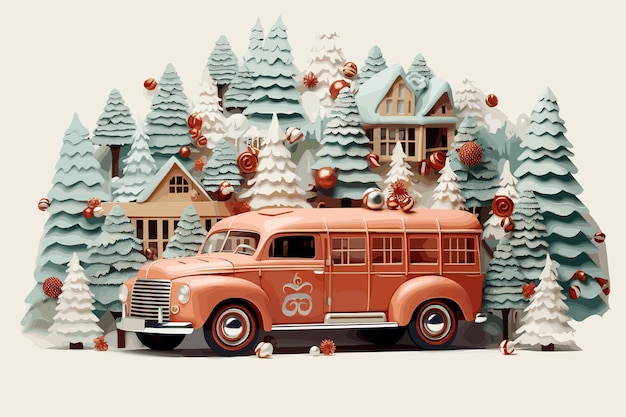 Watercolor drawing of a red pickup truck carrying Christmas gifts and Christmas trees