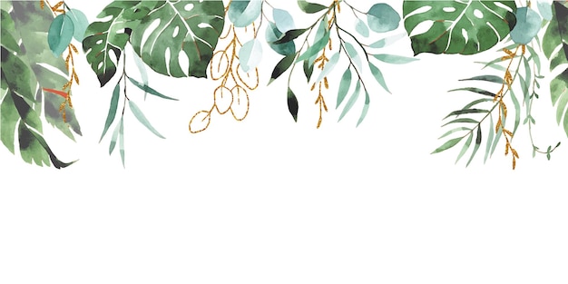 Watercolor drawing seamless border tropical leaf banner with golden shining elements green