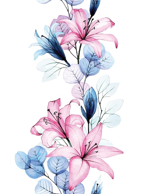 watercolor drawing seamless border with transparent flowers pink lily flowers and eucalyptus