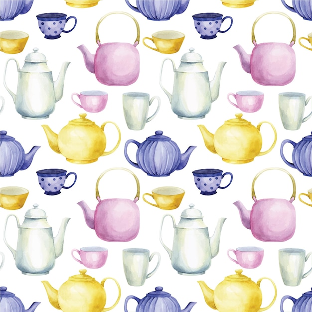 watercolor drawing seamless pattern of teapots and cups cute vintage teapots and mugs for tea