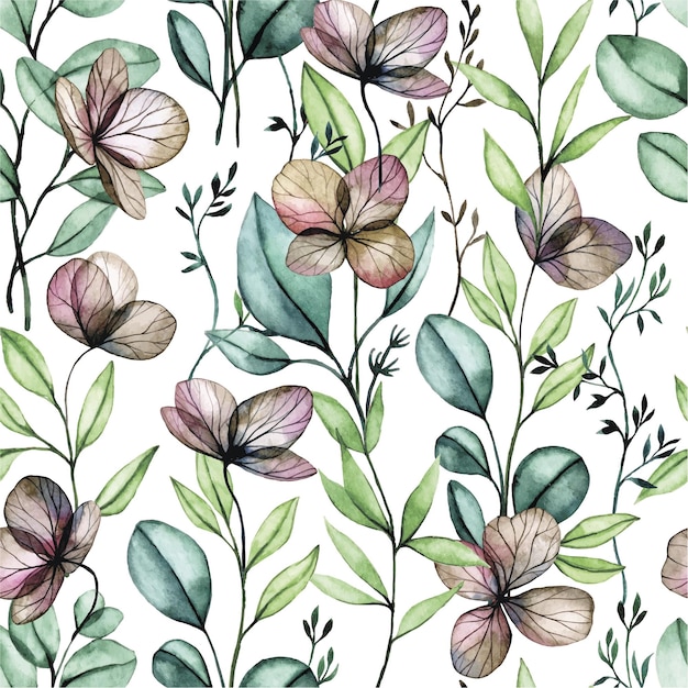 Vector watercolor drawing seamless pattern of transparent eucalyptus leaves and dried hydrangea flowers