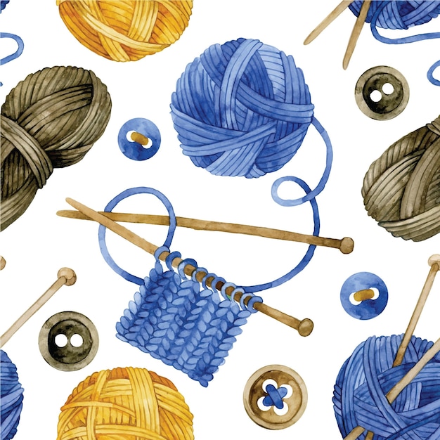 watercolor drawing seamless pattern with balls of wool for knitting knitting needles crochet