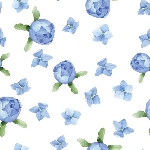 Watercolor drawing seamless pattern with blue peony buds and hydrangea flowers on a white backgroun