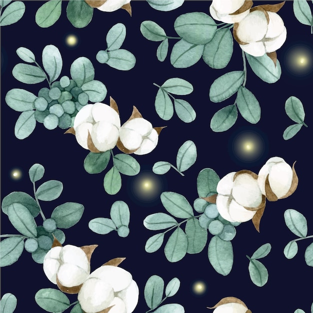 수채화 그리기. 어두운 배경에 유칼립투스 잎과 면 꽃이 있는 매끄러운 패턴