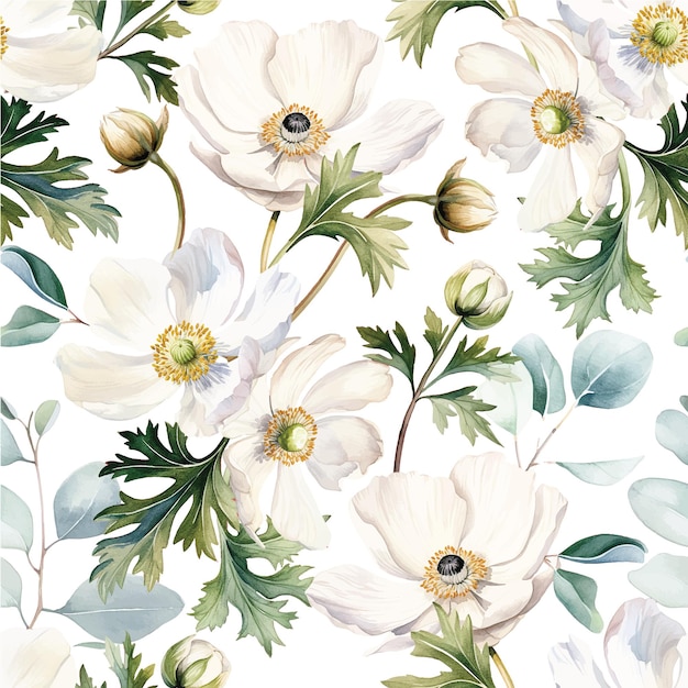 watercolor drawing seamless pattern with white anemone flowers poppy and eucalyptus leaves