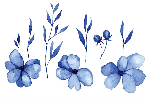 watercolor drawing set of abstract flowers and leaves in blue simple botanical illustration