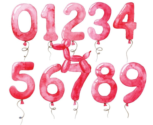 Vector watercolor drawing set of balloons with numbers collection of festive balloons in pink color