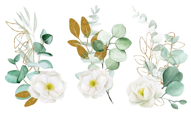 Vector watercolor drawing a set of bouquets of white flowers and eucalyptus leaves with glitter golden