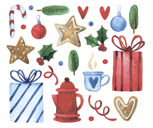watercolor drawing set of Christmas elements gifts gingerbread cookies hot chocolate candy