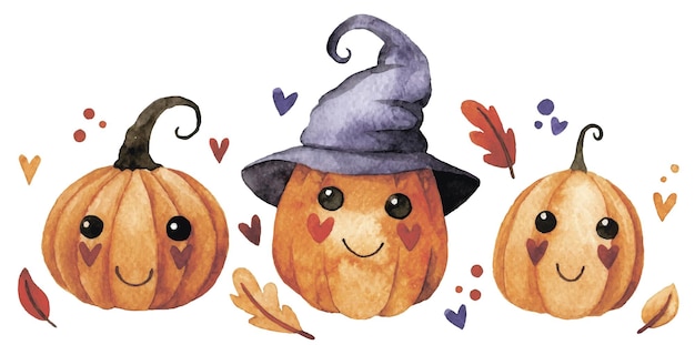 Watercolor drawing set of cute characters halloween pumpkins kawaii