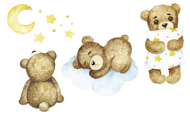 watercolor drawing, set of cute characters toy teddy bear on the theme of sleep, baby sleeps. funny