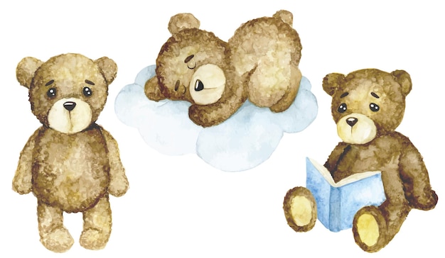 watercolor drawing, set of cute characters toy teddy bear on the theme of sleep, baby sleeps. funny