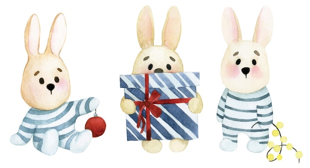Disegno ad acquerello. set di simpatici coniglietti di natale. personaggi divertenti lepri con regali di natale.