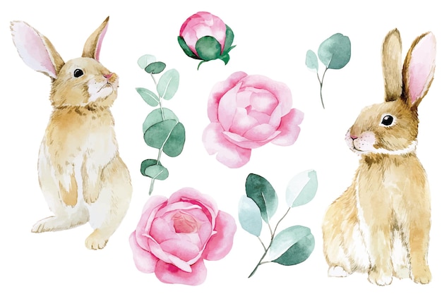 Vector watercolor drawing set of elements for easter cute easter bunnies pink rose flowers