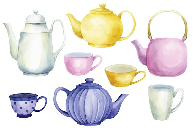 watercolor drawing set of teapots and cups cute vintage teapots and mugs for tea