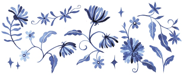 Vector watercolor drawing set with fantastic blue flowers on a white background ornament