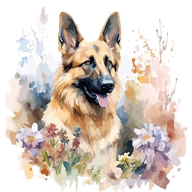 Vector watercolor drawing style of dog spring flowers