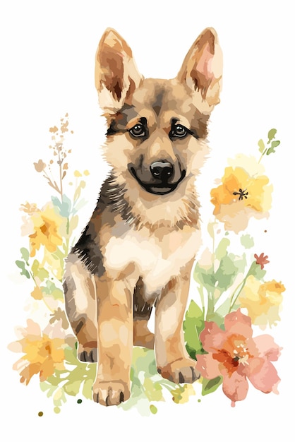 ベクトル 犬の水彩絵のスタイル 春の花