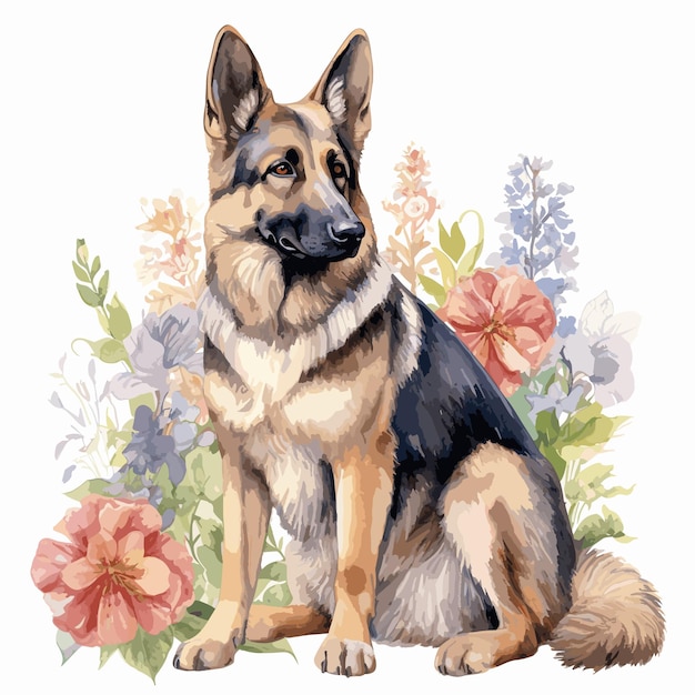 Вектор Акварель рисования собаки весенние цветы