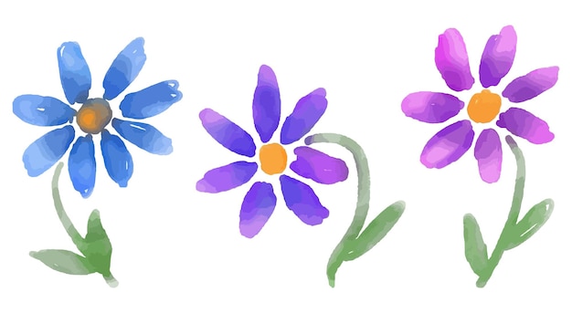 watercolor drawing of three colorful abstract daisy flowers vector hand drawn illustration