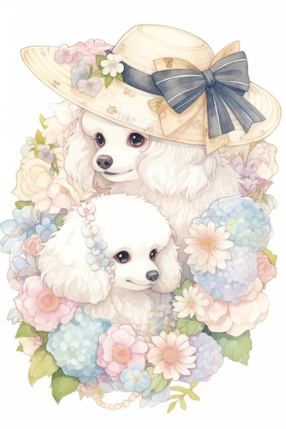 A watercolor drawing of two poodles in a hat with a bow.