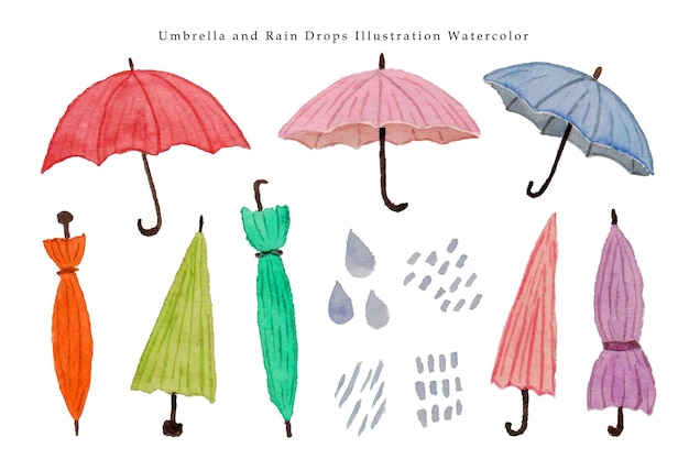 A watercolor drawing of umbrellas and rain drops illustration watercolor