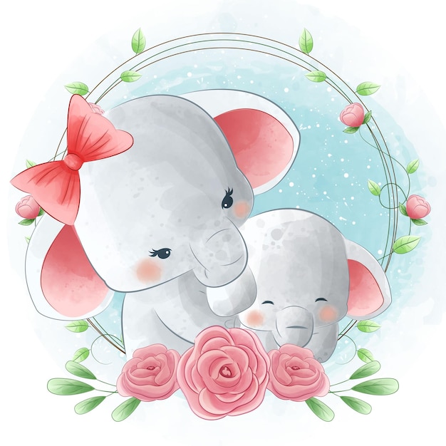 Disegno ad acquerello con l'immagine di un simpatico elefante nell'illustrazione di fiori