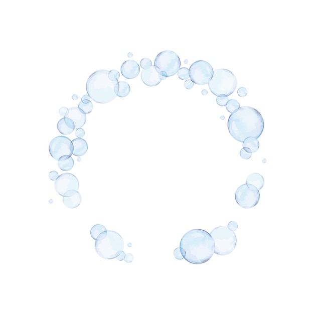 Watercolor drawn round frame from different size blue air bubbles on white background transparent