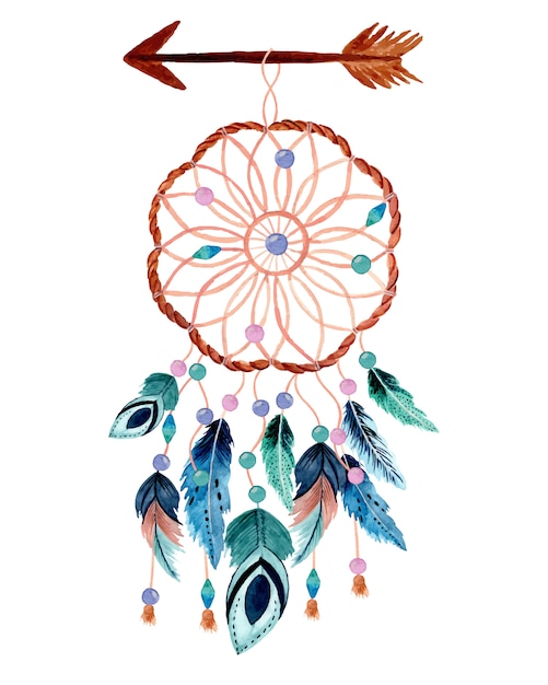 Vector watercolor dream catcher with arrow and feather